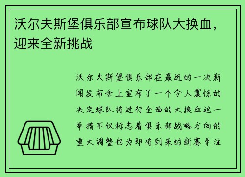 沃尔夫斯堡俱乐部宣布球队大换血，迎来全新挑战